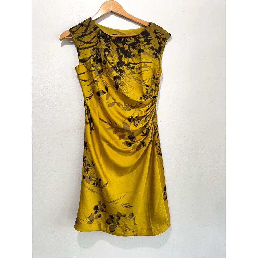 Quet luxury party dress mustard yellow silky like oriental ruched women M New